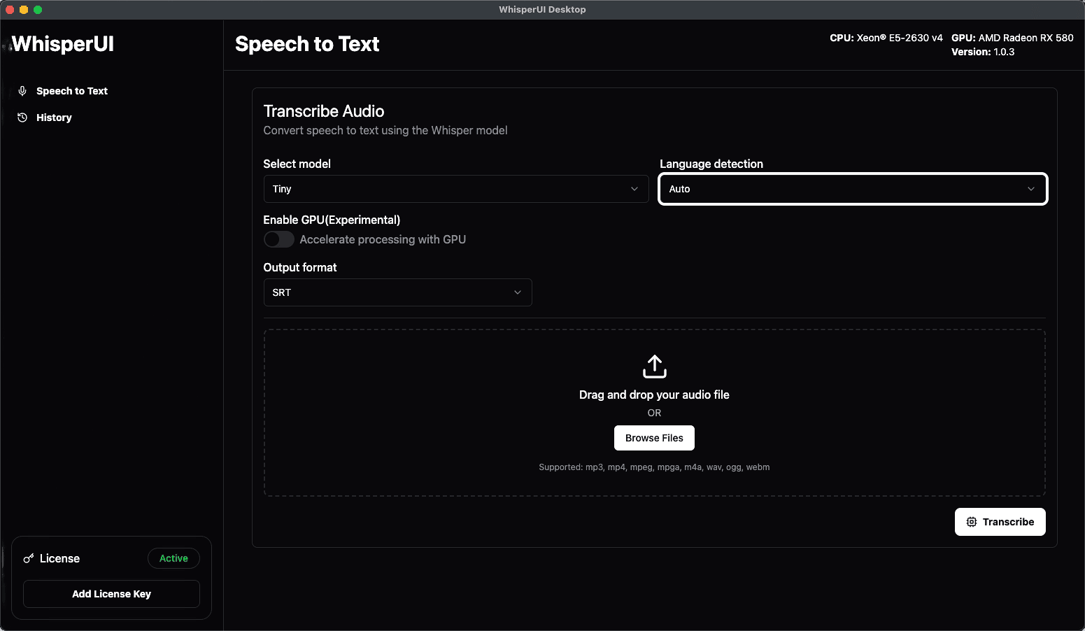 WhisperUI Desktop preview running on macOS.