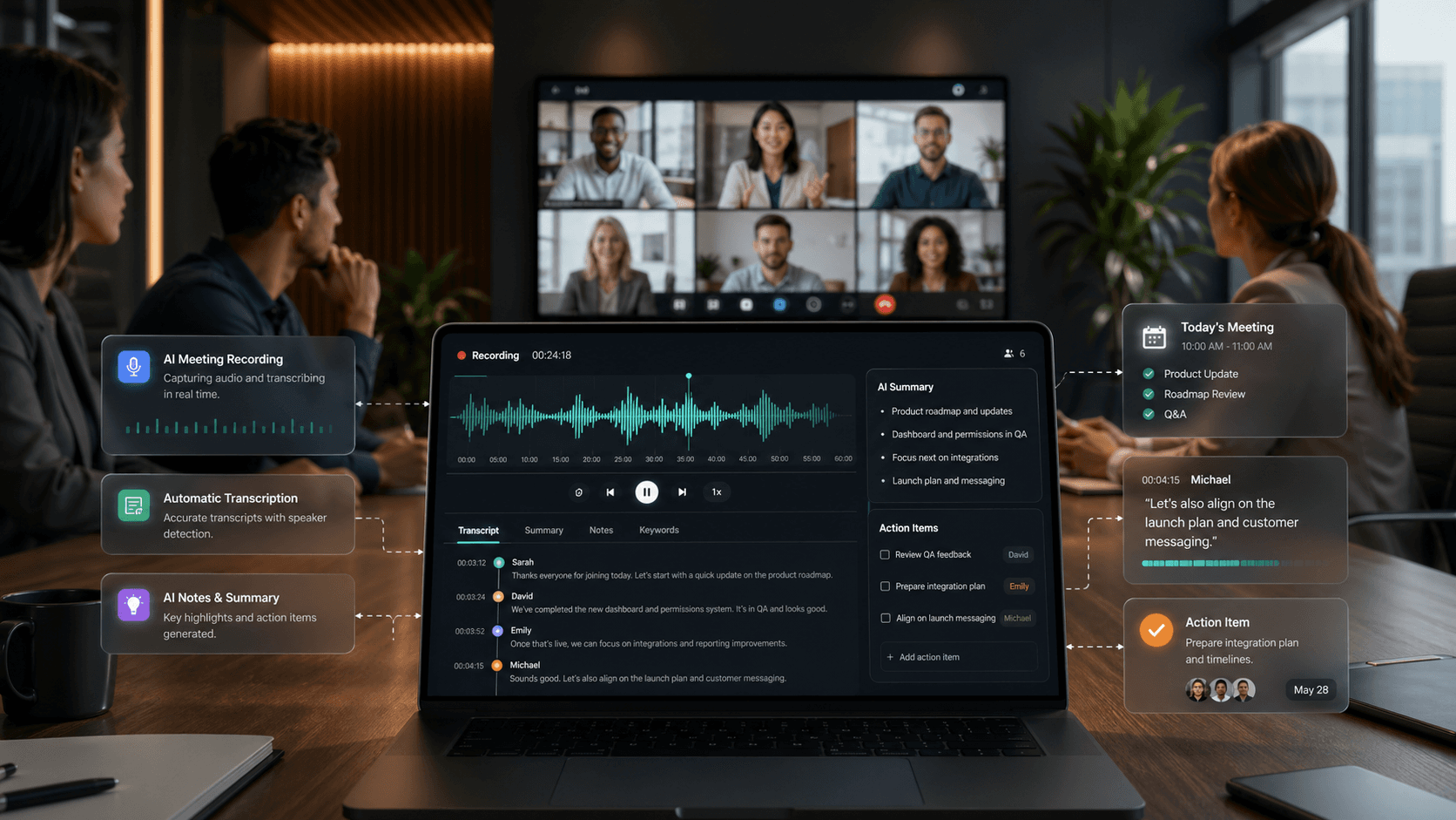 Meeting recording software interface showing a recorded call, transcript, and action items.