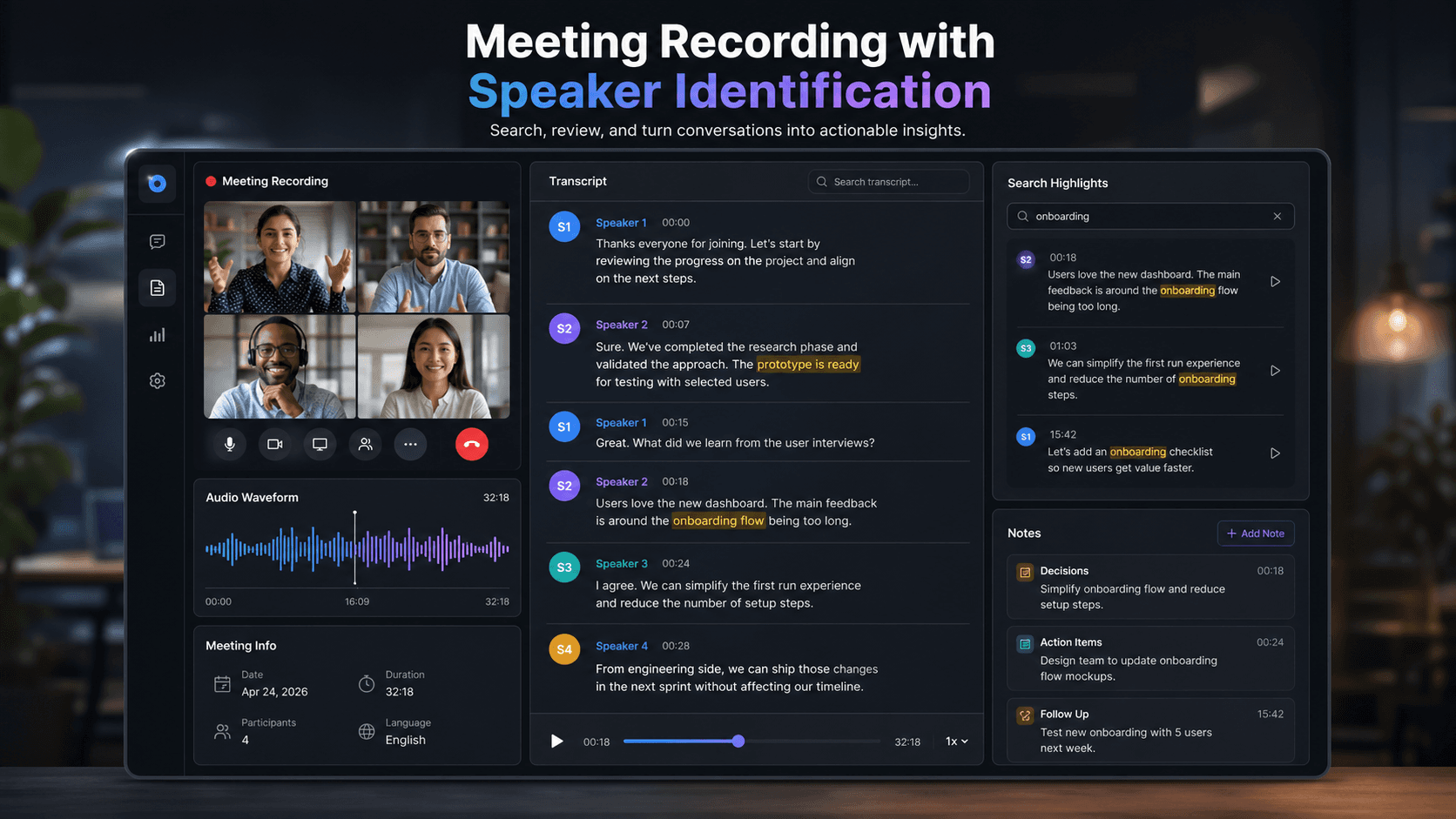 Speaker-aware meeting transcript with separated speaker turns.