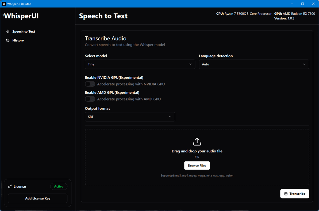 WhisperUI Desktop preview running on Windows.